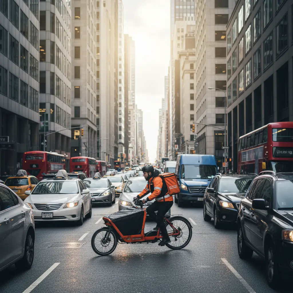 Courier navigating city traffic